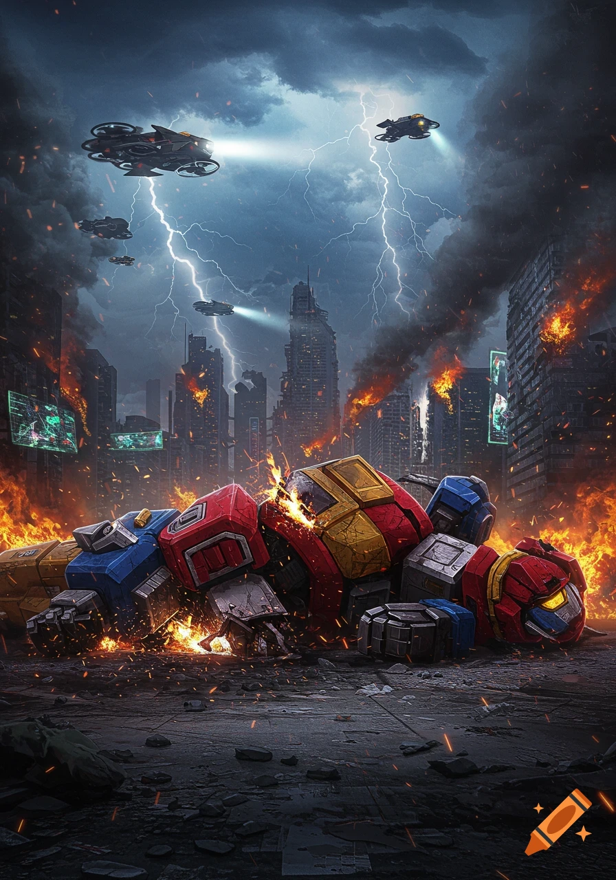 A giant, multi-colored robot lies destroyed amidst burning city ruins under a stormy, lightning-filled sky with flying drones.