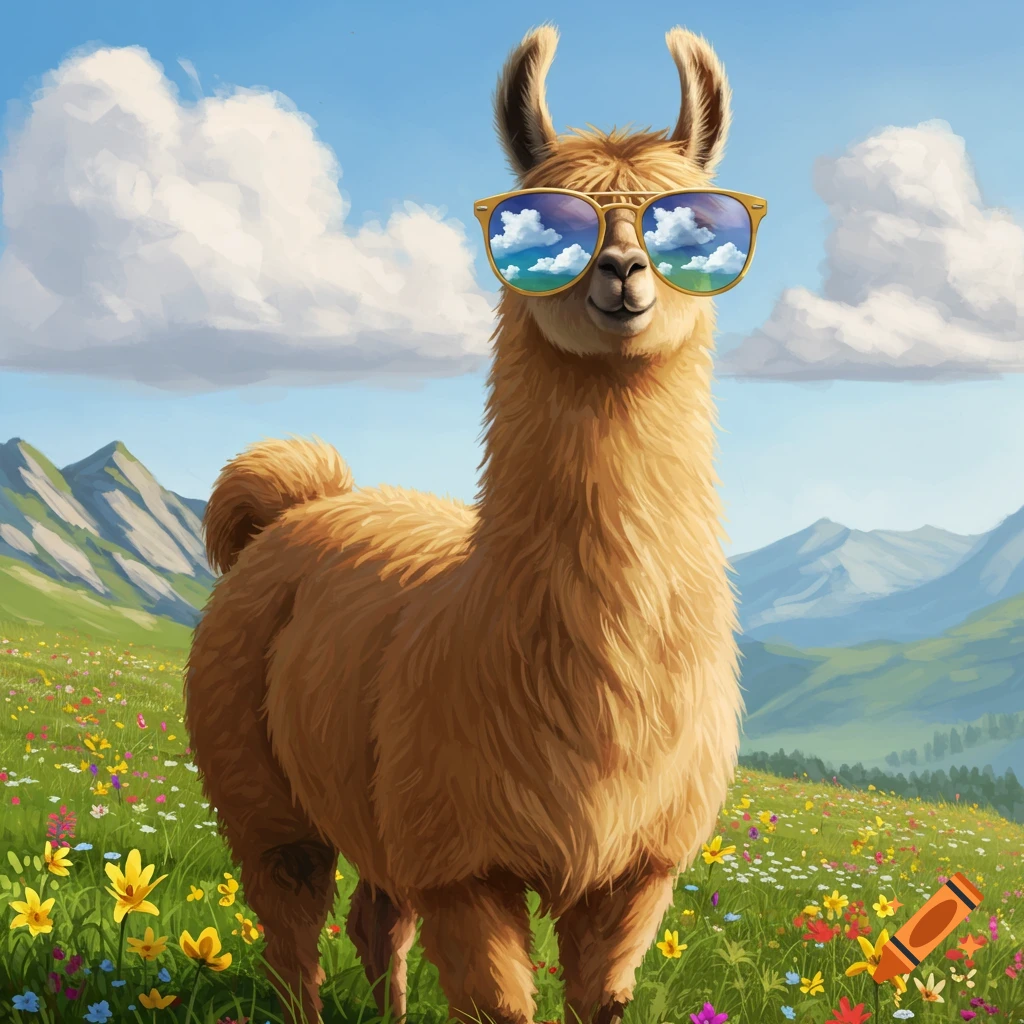 A fluffy brown llama wearing mirrored sunglasses stands in a vibrant wildflower field with green mountains and a cloudy blue sky.