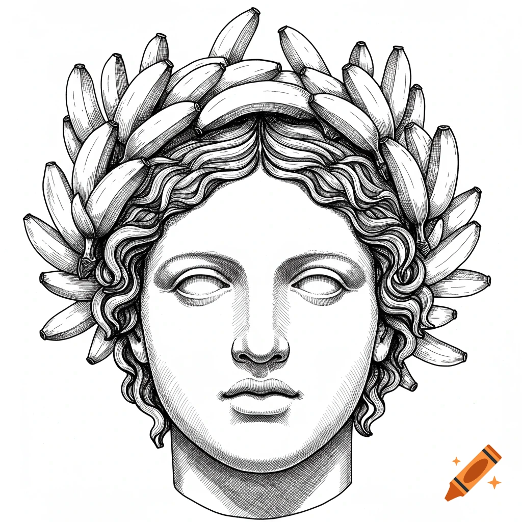A black and white ink drawing of a classical bust with a wreath of bananas.