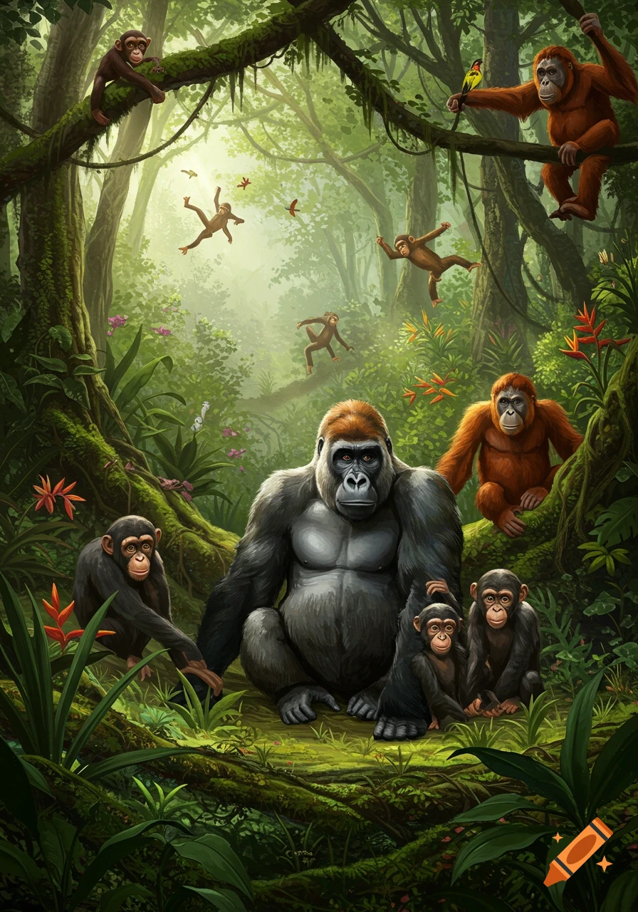 A large gorilla sits in a lush jungle with orangutans and chimpanzees climbing on branches and vines around it.