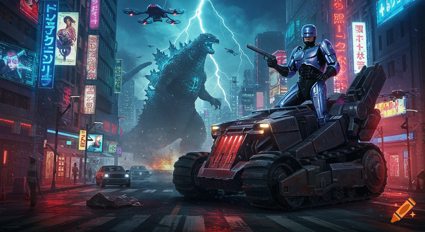 Robocop on a tank-like vehicle faces Godzilla in a lightning-stormed, neon-lit cyberpunk city.