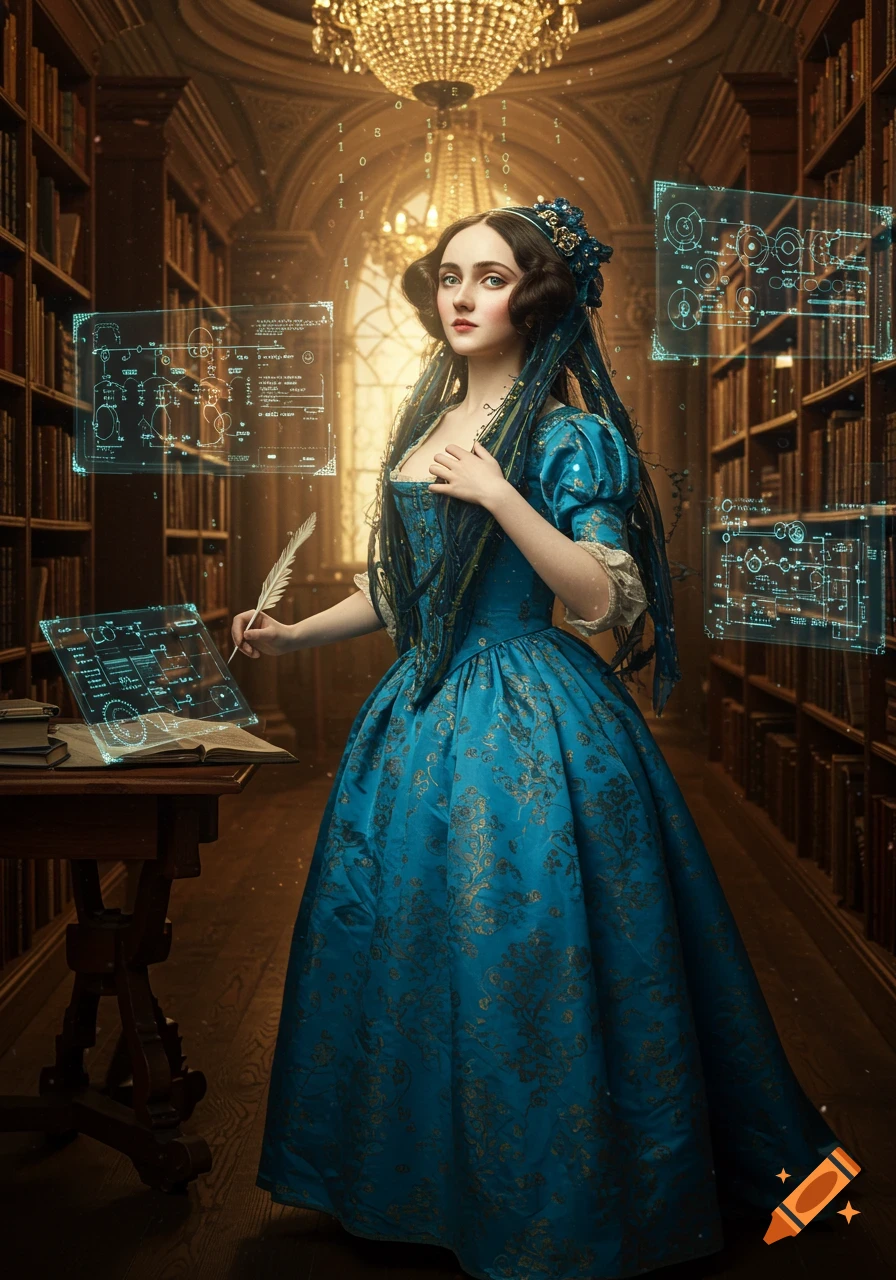 A woman in a blue historical gown holds a quill, looking at glowing holographic diagrams in a grand library.