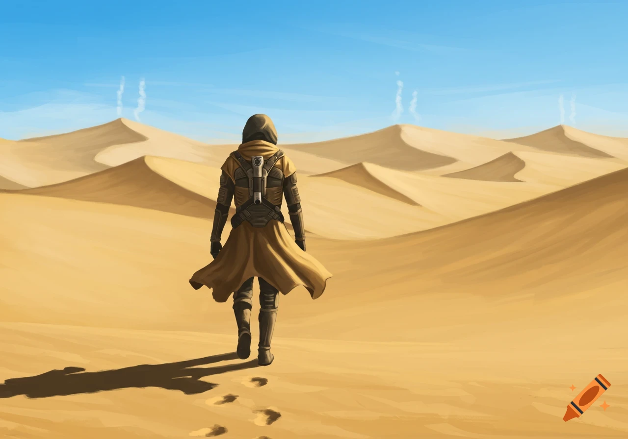 A robed figure with a backpack walks away from the viewer across a vast sandy desert with dunes under a clear blue sky.