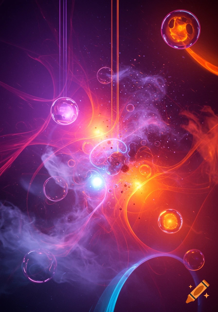 Vibrant abstract psychedelic art with glowing purple and orange light trails, swirling energy, and translucent orbs.