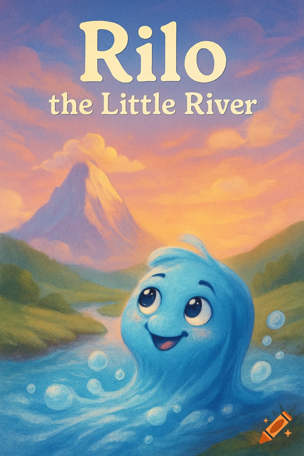 A whimsical illustration for 'Rilo the Little River,' featuring a smiling blue river character with big eyes, bubbles, and a majestic mountain under a vibrant sky.