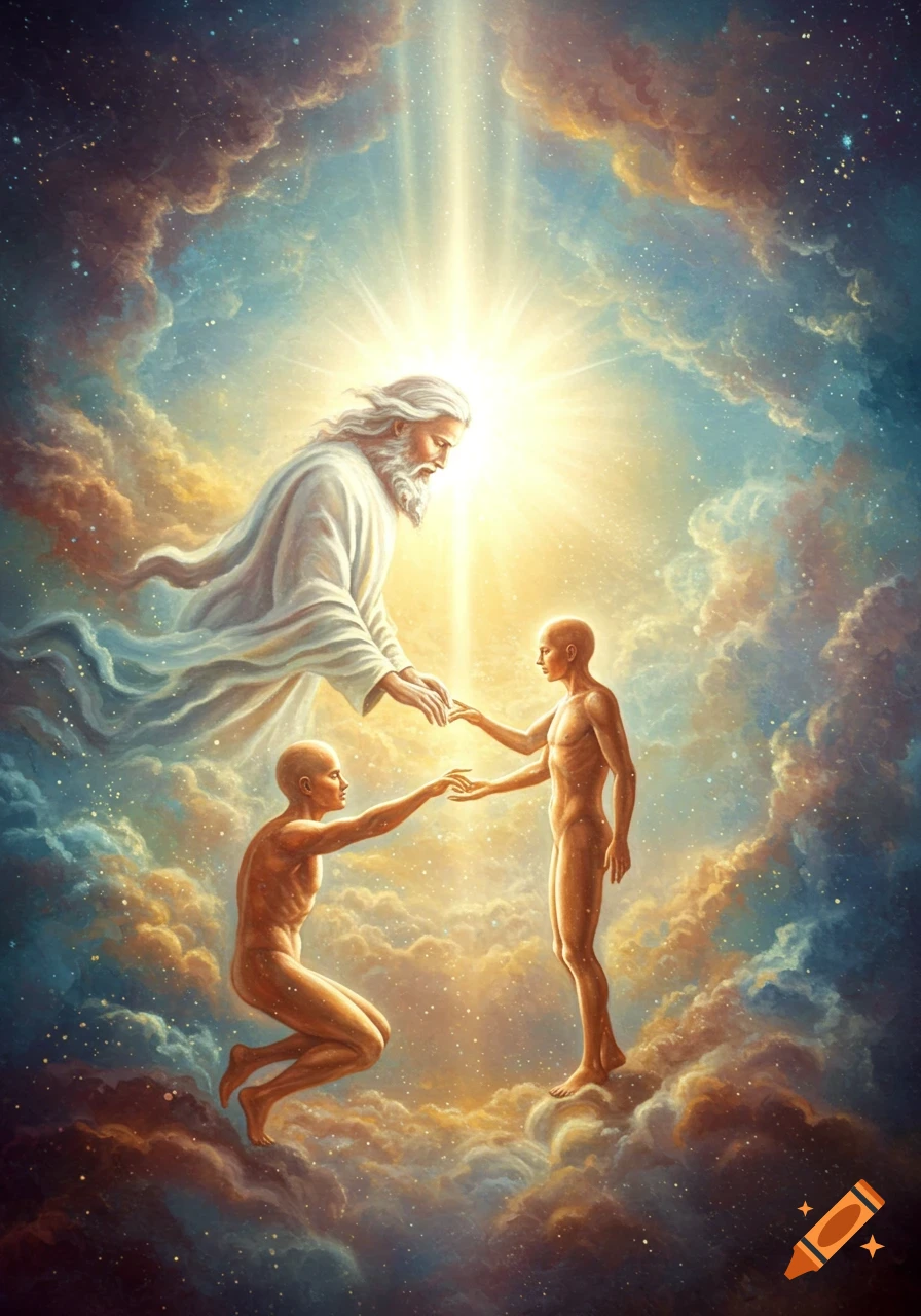 God-like figure in white robes reaching to two nude human figures in a bright, ethereal cosmic sky with clouds.