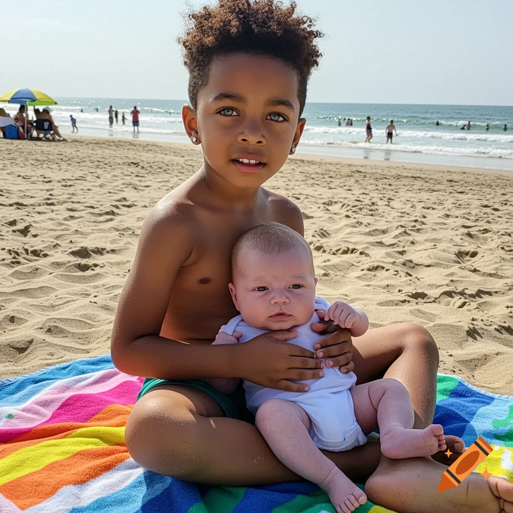 A young boy with an Afro fade and striking eyes holds a baby brother on a rainbow towel at a sunny beach.