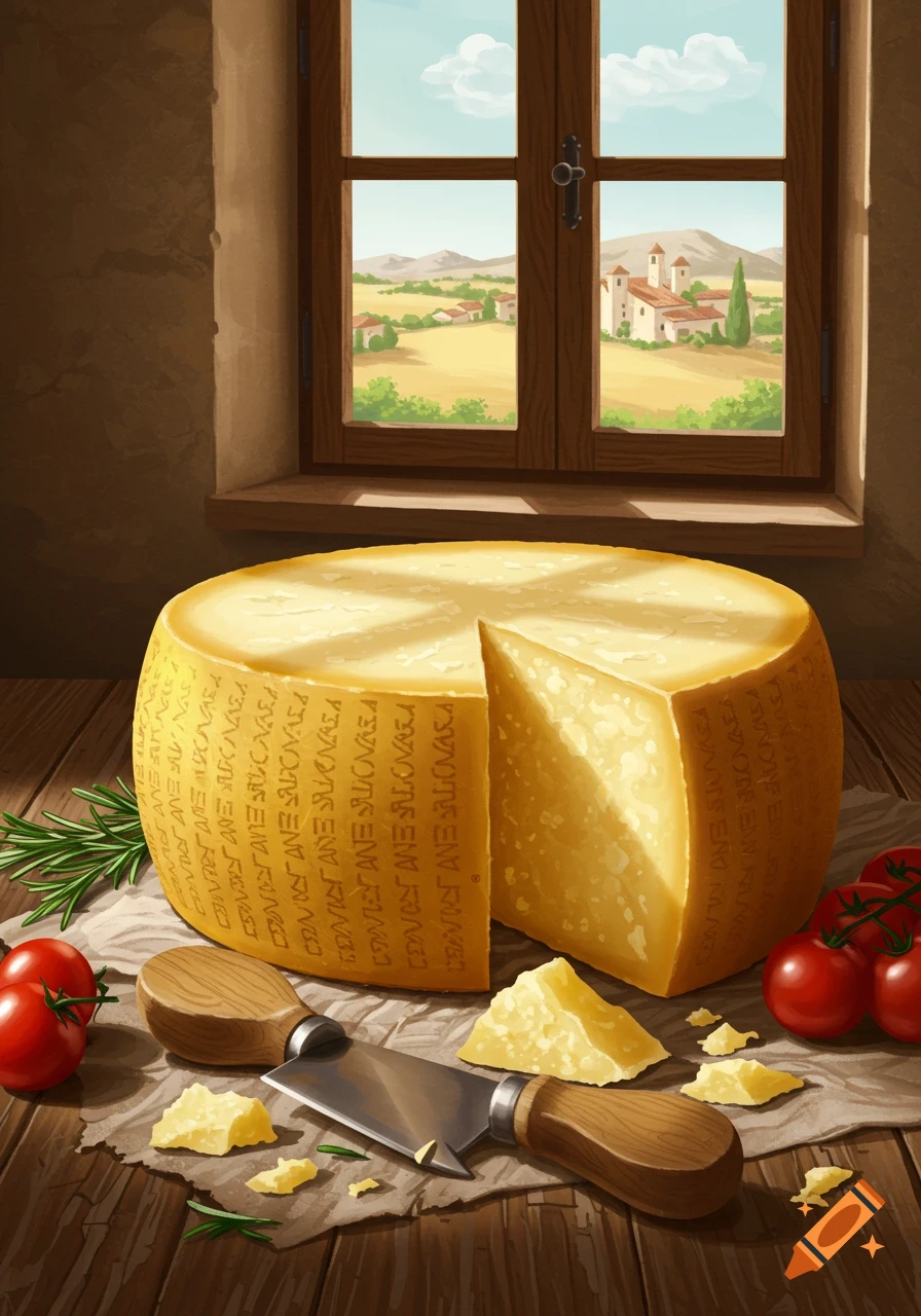 Illustration of a large cheese wheel with a slice cut out, a knife, tomatoes, and rosemary on a table, with a landscape view through a window.