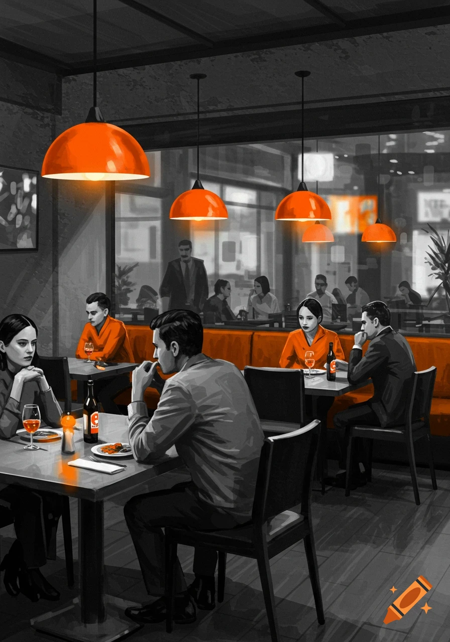 Stylized drawing of a restaurant interior, showing diners at tables, rendered in grayscale with striking orange highlights.