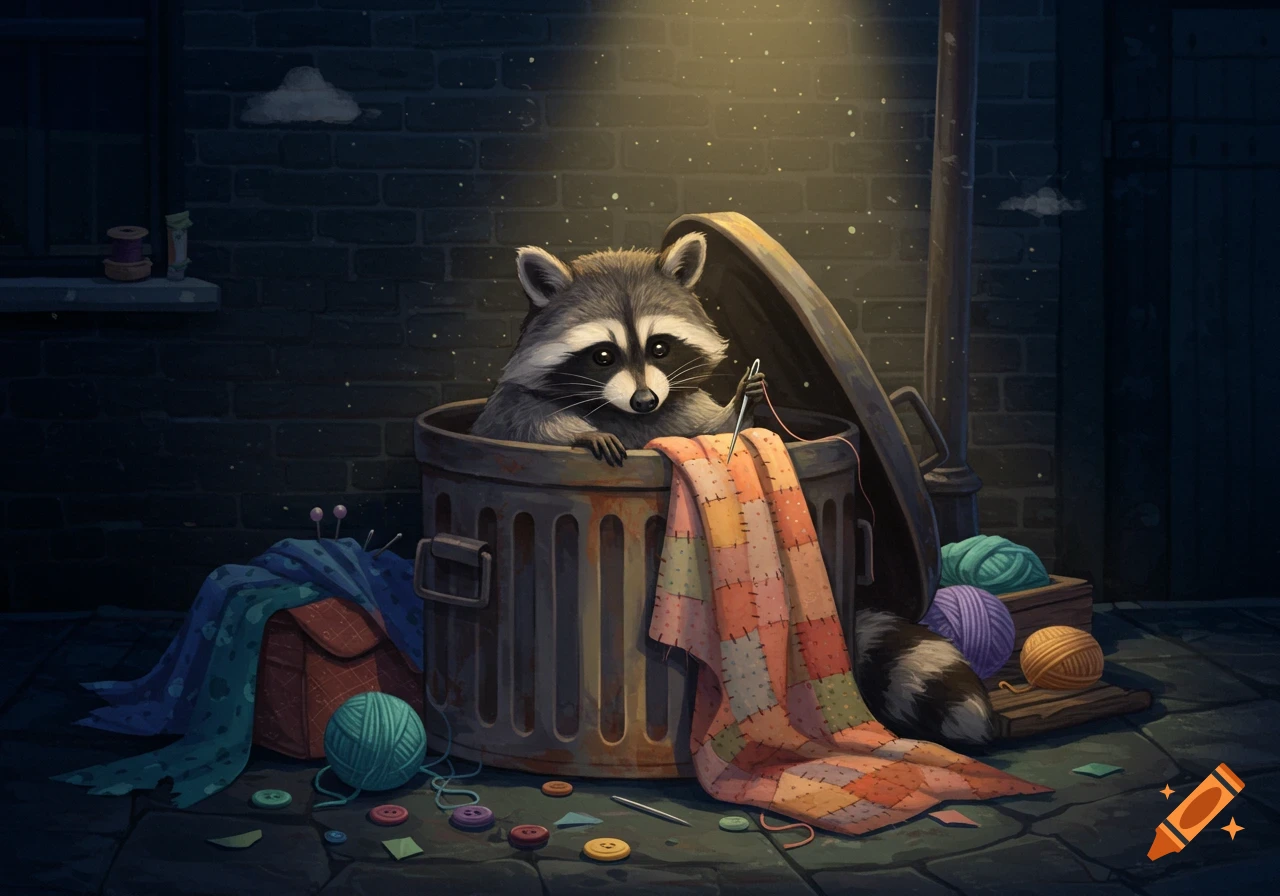 A cute raccoon sits in a trash can, sewing a colorful patchwork quilt under a streetlamp in a dimly lit alley.