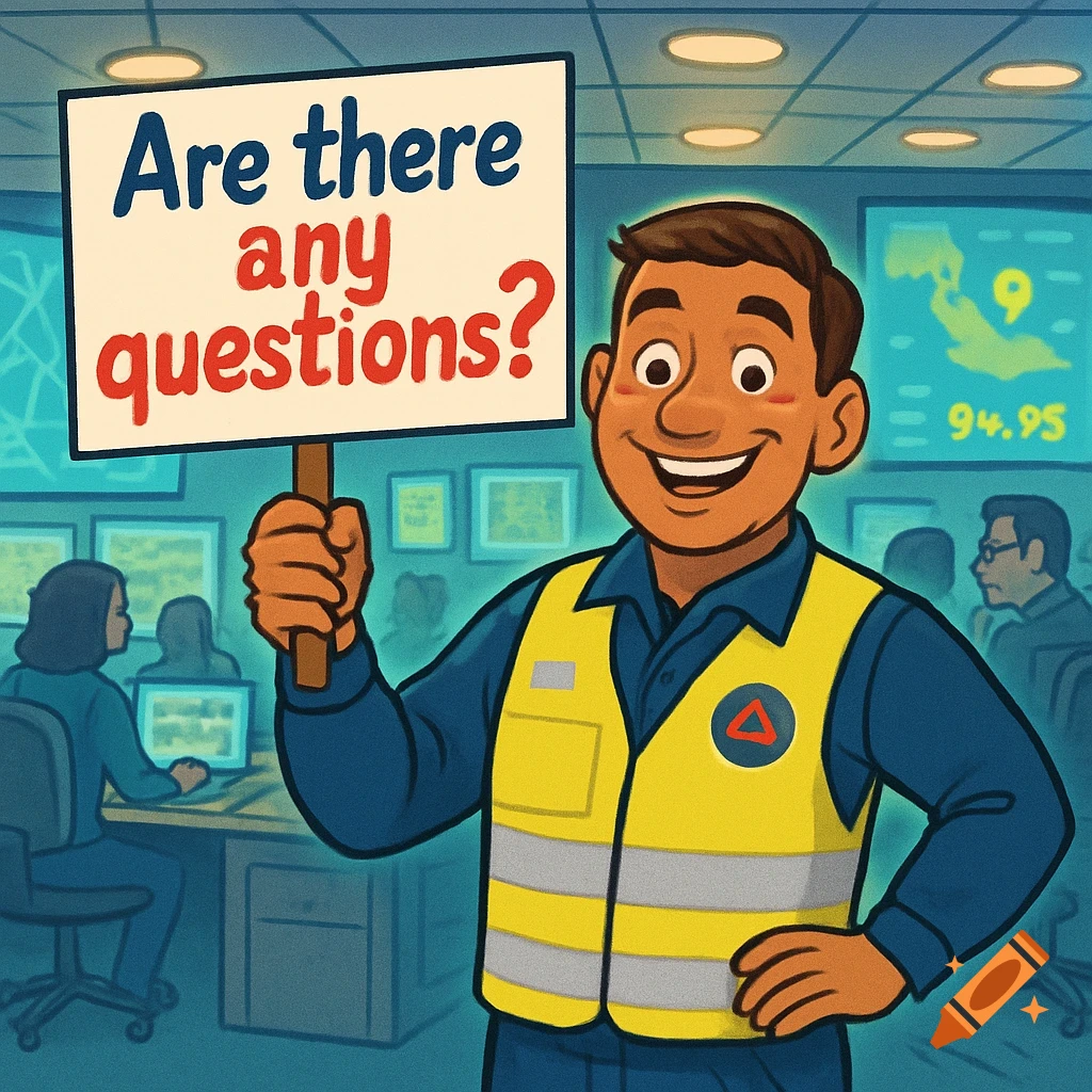 A friendly cartoon emergency management officer in a yellow vest holds a sign asking, 'Are there any questions?' in an operations center.