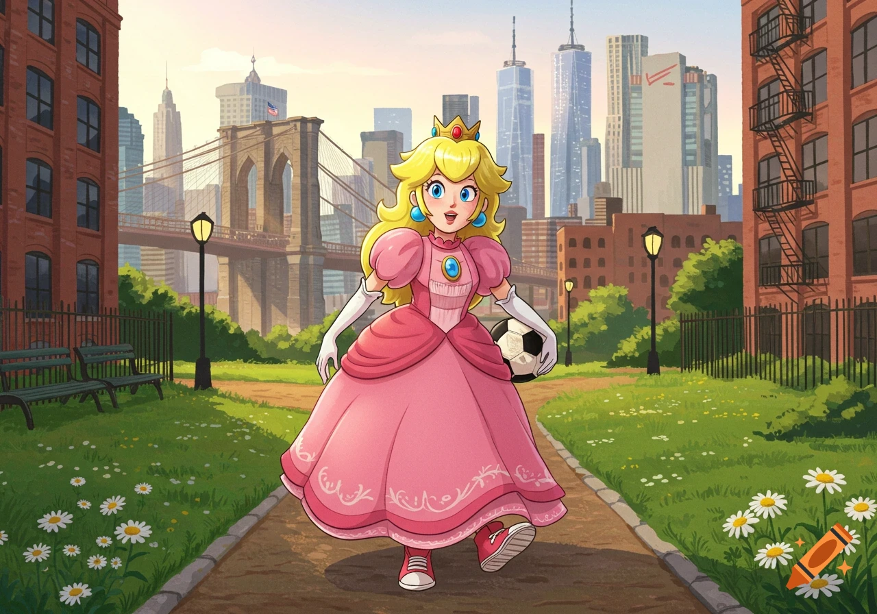 Princess Peach walks cheerfully with a soccer ball in a sunny Brooklyn park, with the city skyline and Brooklyn Bridge in the background.