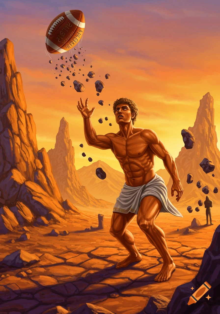 Muscular man in a toga catches a football made of rocks in a dramatic orange desert landscape under a sunset sky.