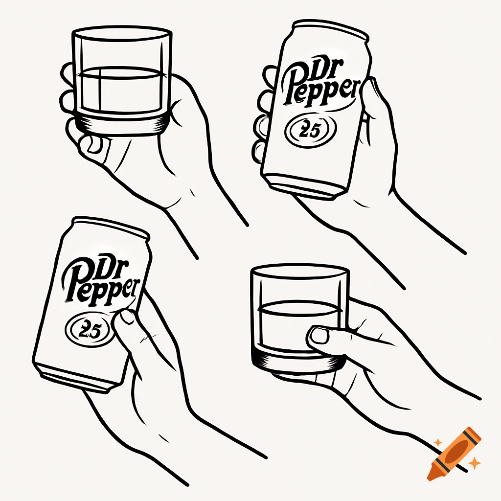 Minimalist black and white line art illustrations of hands holding whiskey glasses and Dr Pepper soda cans.