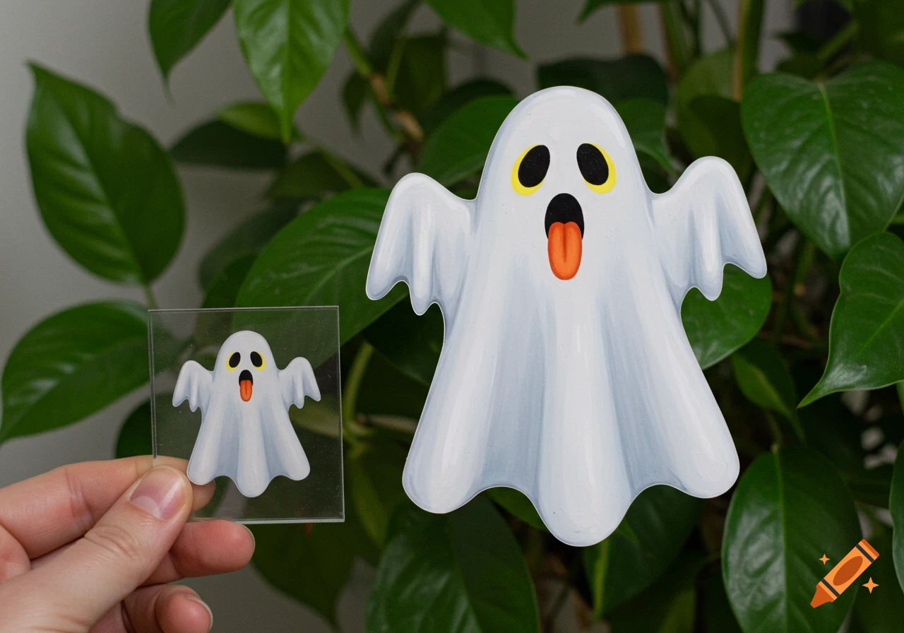 A white sheet ghost Halloween decoration with yellow eyes and an orange tongue, next to a hand holding a small acrylic ghost portrait, against green leaves.