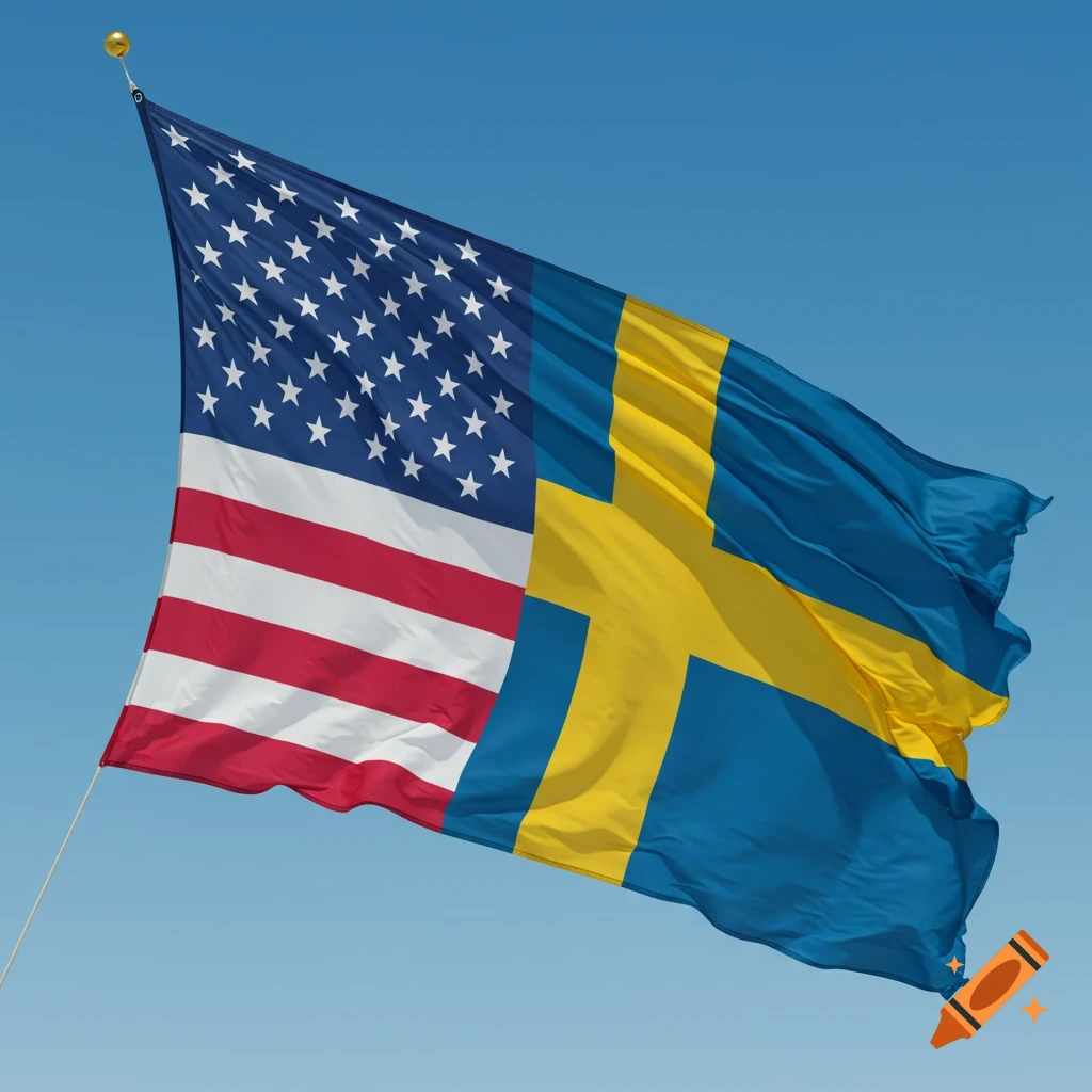 A combined American and Swedish flag waves against a clear blue sky.