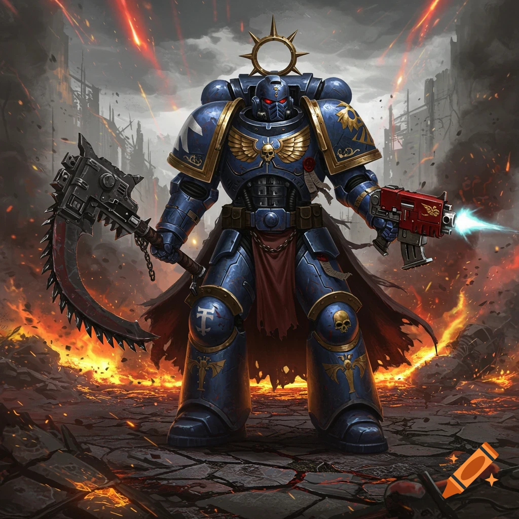 A blue armored Warhammer Space Marine warrior stands amidst a fiery, destroyed cityscape, holding a scythe and a glowing gun.