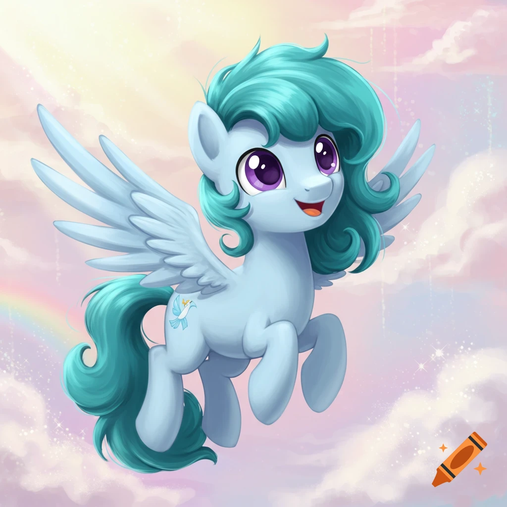 A happy light blue My Little Pony-style pegasus with teal wavy hair and purple eyes flies through fluffy clouds with a rainbow.