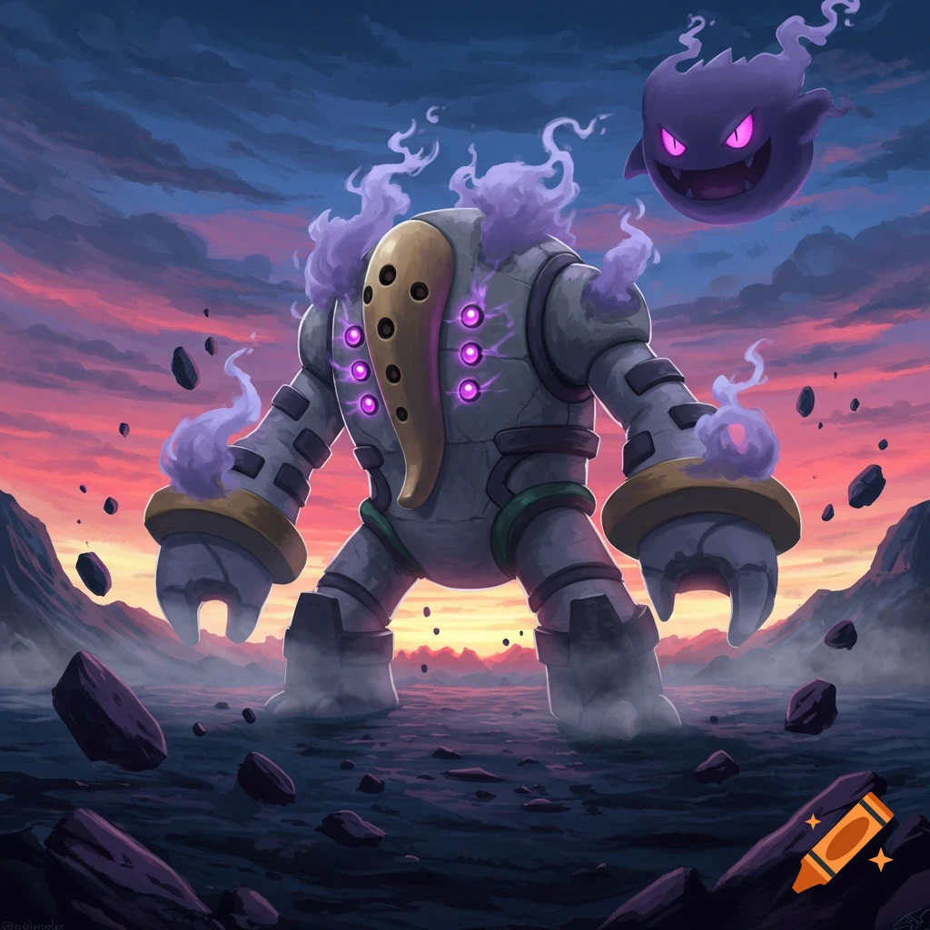 A large, stone-like creature with glowing purple eyes and smoke, fused with Gengar, stands beside a grinning purple ghost under a sunset.