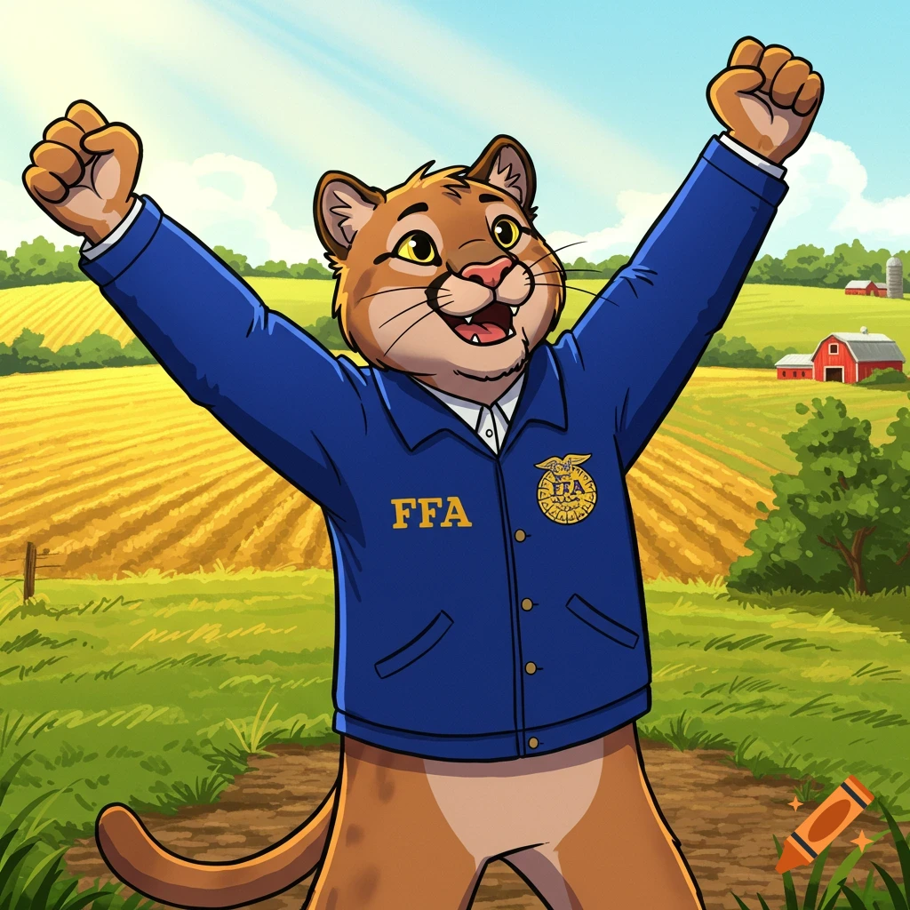 A cartoon cougar in a blue FFA jacket, arms raised in celebration, stands in a sunny rural landscape with fields and barns.