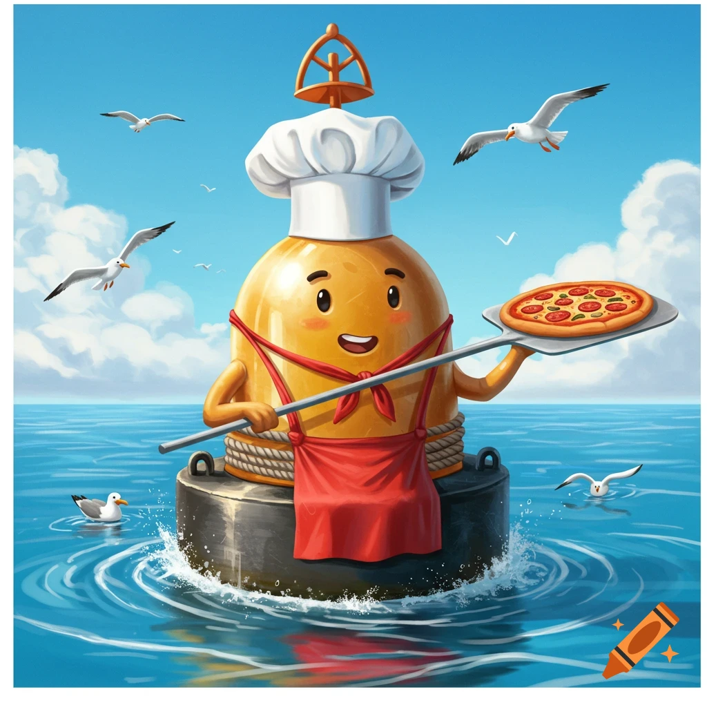 A cute, cartoon ocean channel marker chef holding a pizza on a peel, floating in the sea with seagulls.