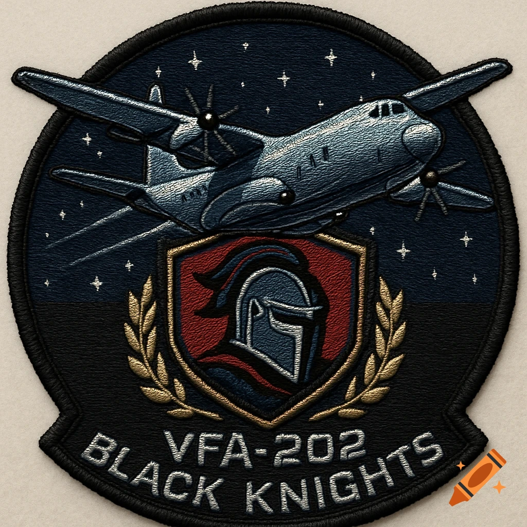 Embroidered military patch featuring a C-130J plane flying over a shield with a knight's helmet, text 'VFA-202 BLACK KNIGHTS'.