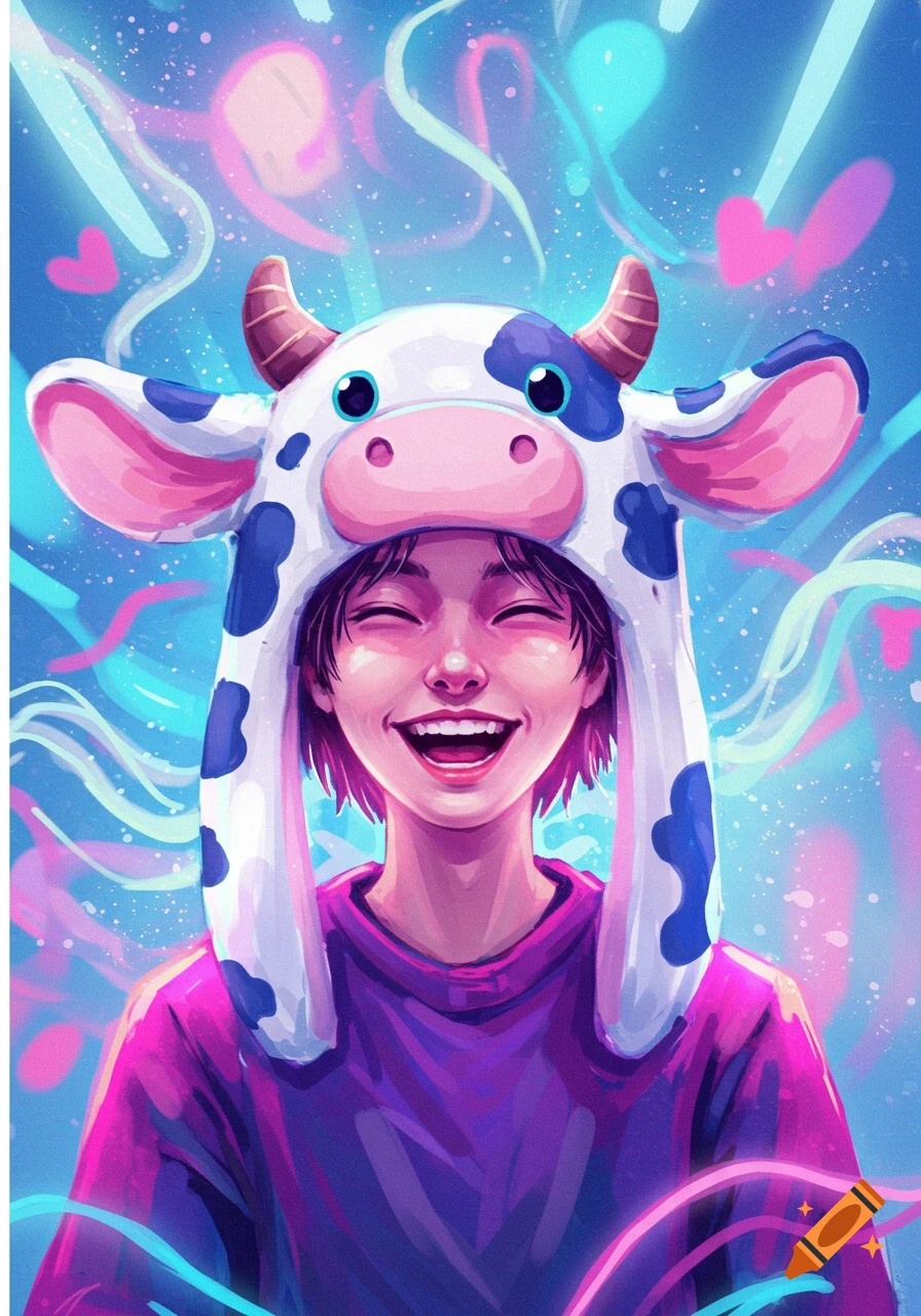 Smiling person in a cute cow hat, vibrant digital art with a surreal blue background and glowing lines.