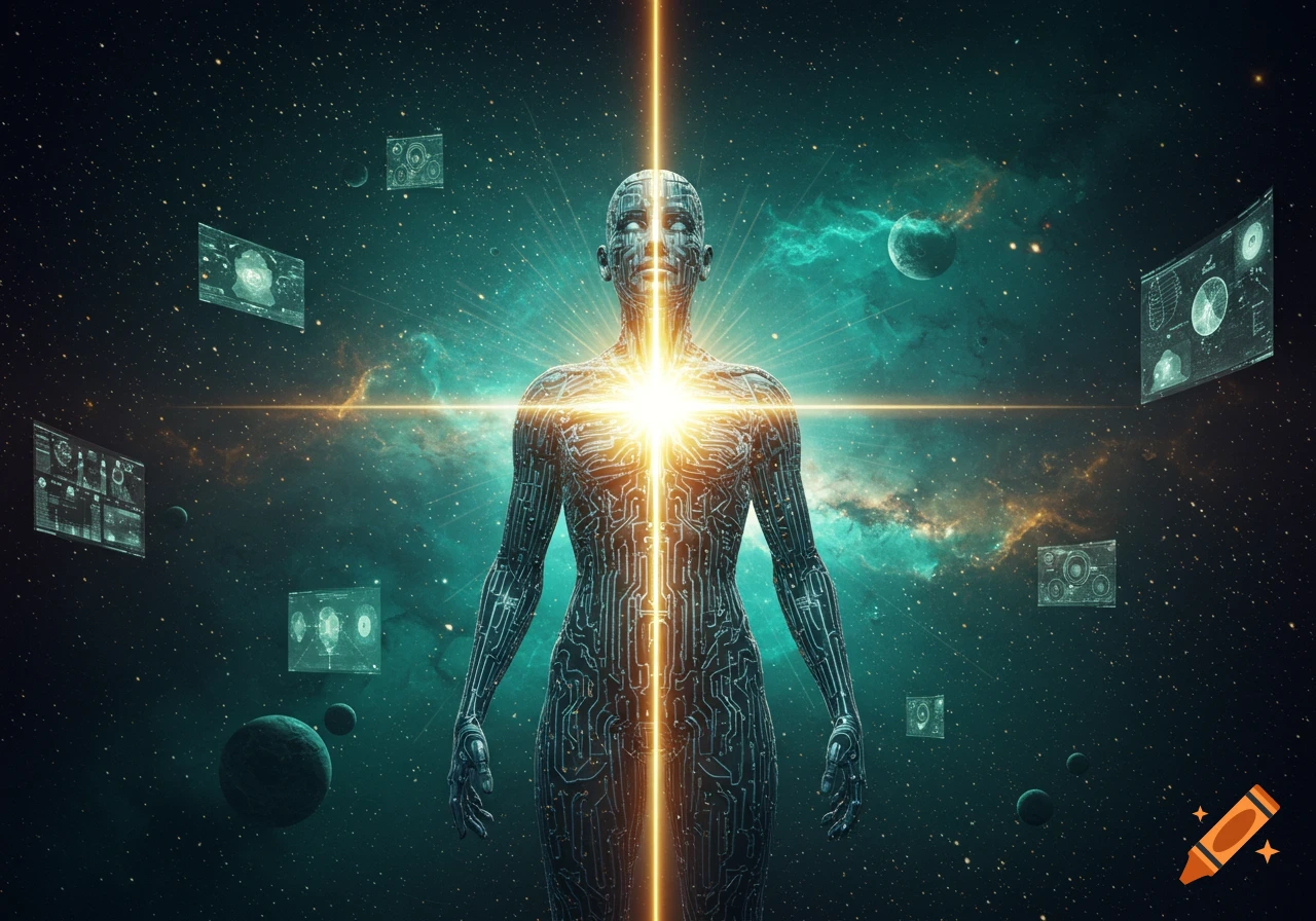 A glowing humanoid figure made of circuitry stands in space amidst planets and nebulae, surrounded by holographic data screens.