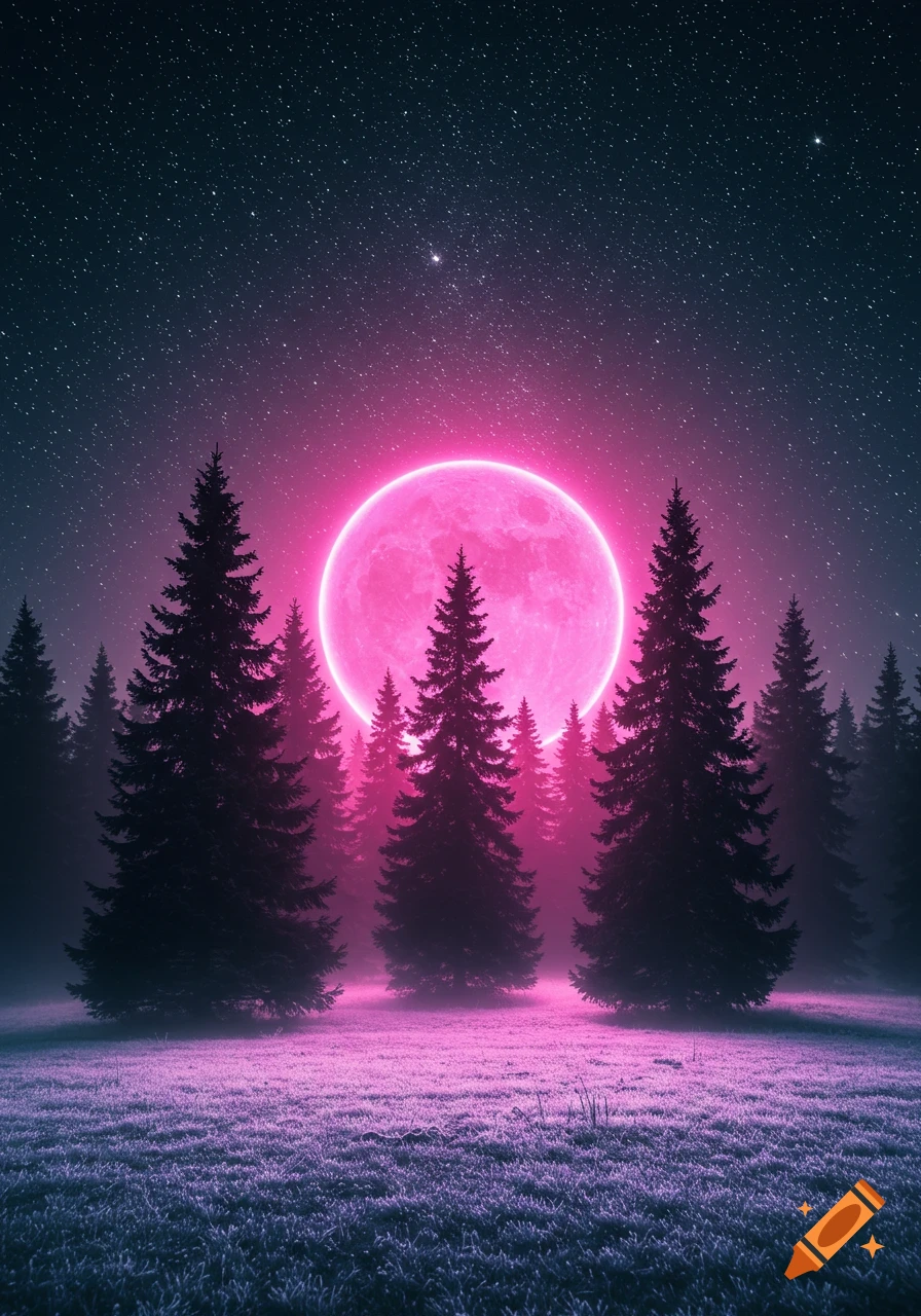 Silhouetted pine trees in a foggy forest under a starry night sky with a huge glowing neon pink moon, purple-pink mist on the ground.