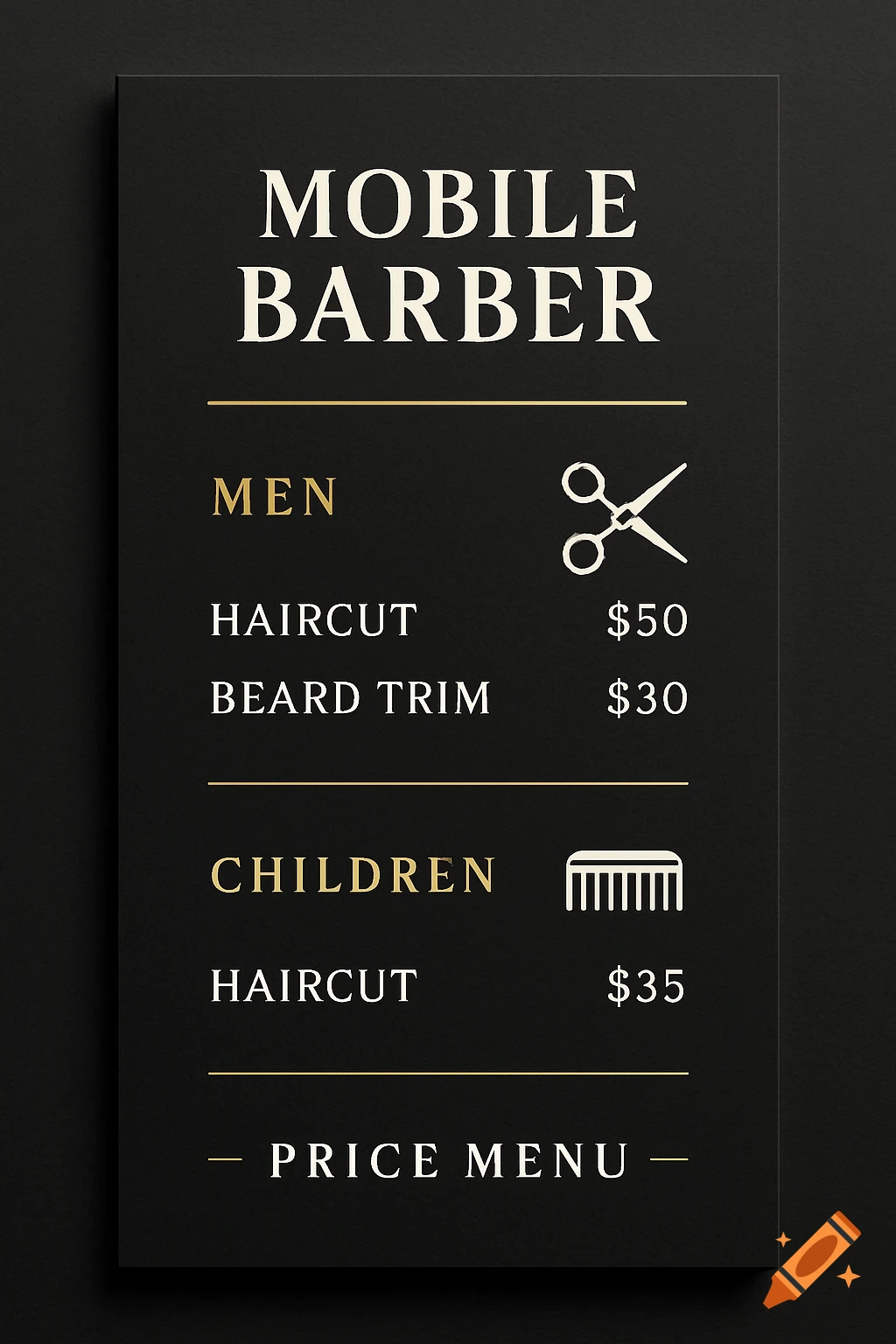 A modern mobile barber price menu on a black background with gold and white text detailing services for men and children.
