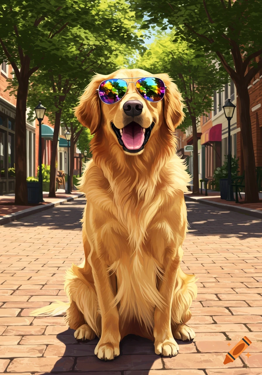 Vibrant illustration of a happy golden retriever wearing colorful sunglasses, sitting on a brick street with trees and buildings.