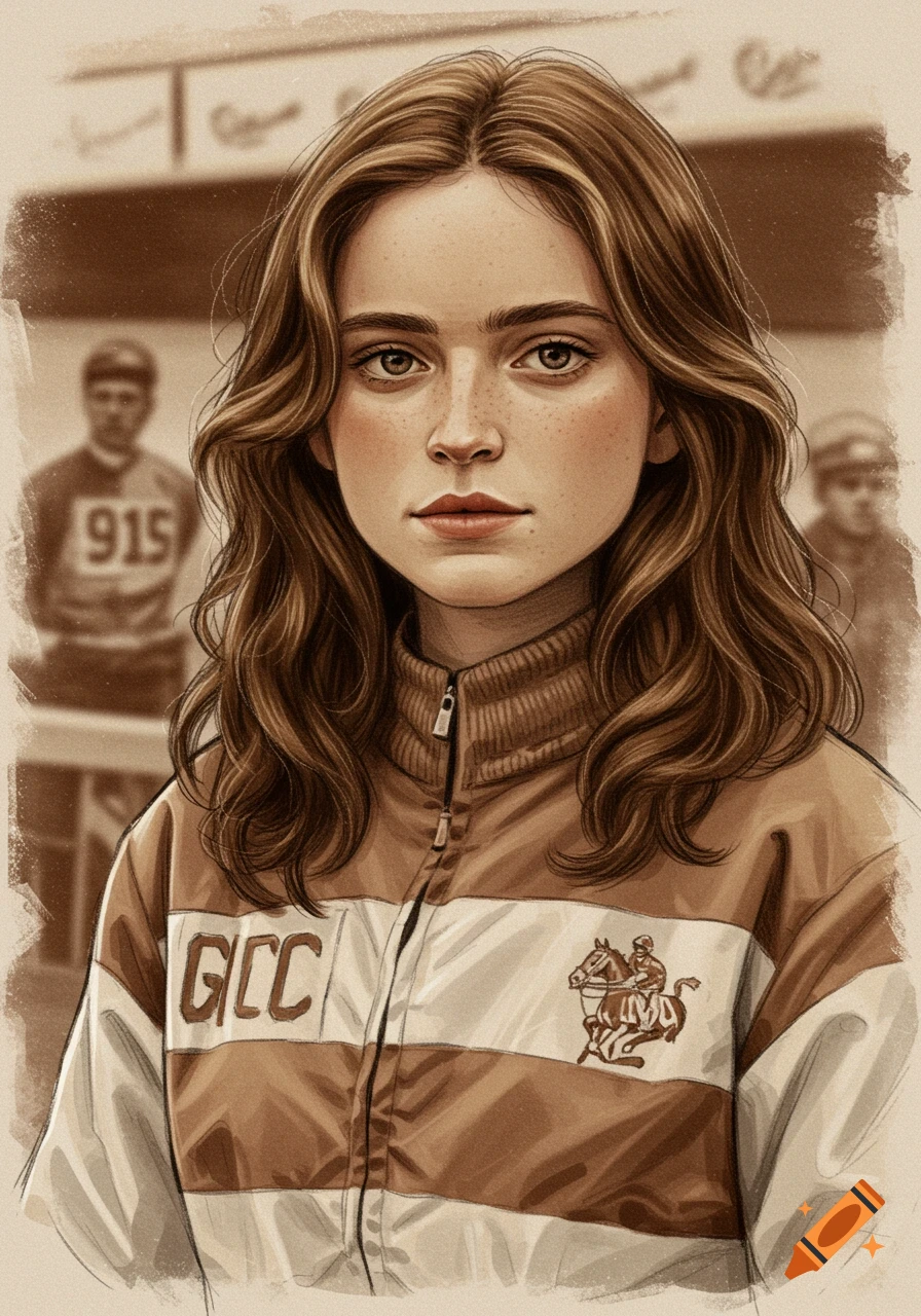 A young woman with brown hair and freckles, wearing a brown and white vintage racing jacket, in a sketchy art style.