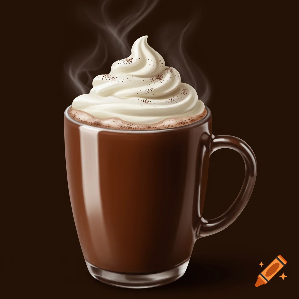 Steaming mug of hot cocoa topped with a swirl of whipped cream and chocolate sprinkles on a dark background.
