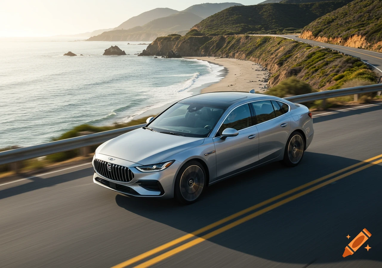 A silver car drives on a winding road along a scenic coastline with mountains and ocean waves, photorealistic.