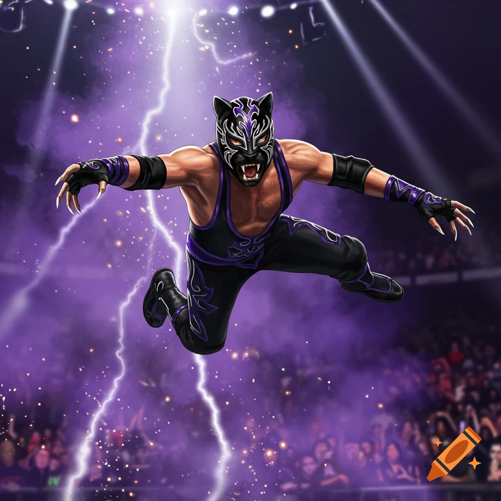 Cat-themed wrestler in black and purple with claws leaps over an arena with purple lightning and a crowd, digital art.