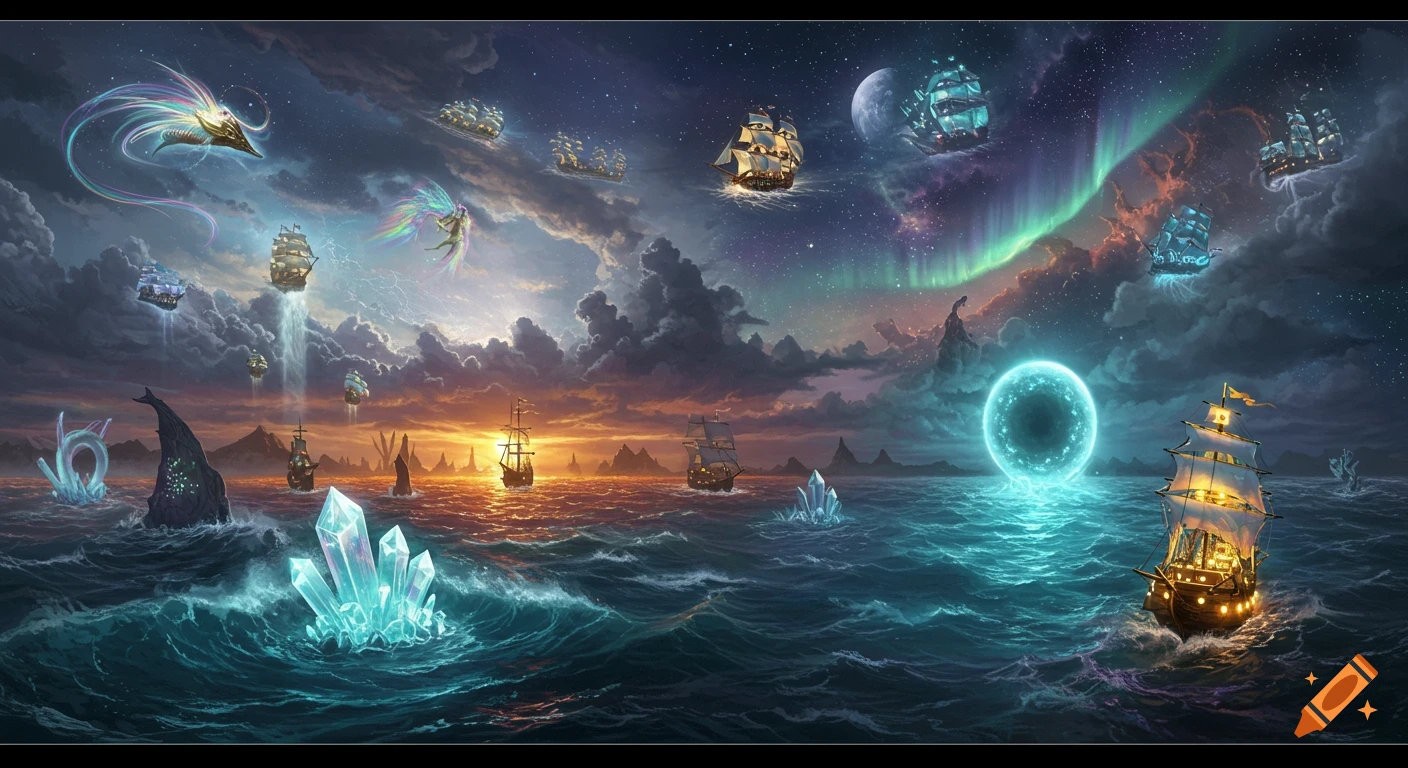 A panoramic fantasy scene showing mystical ships sailing on glowing, stormy seas and flying through cloudy, star-filled skies with an aurora and glowing crystals.