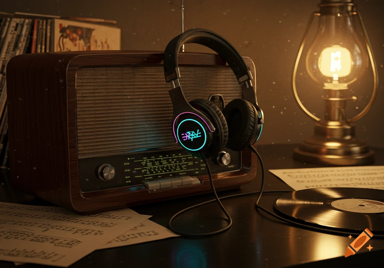 A retro wooden radio with glowing headphones hanging on it, next to a vinyl record, sheet music, and a lit lantern, in a warm, atmospheric setting.