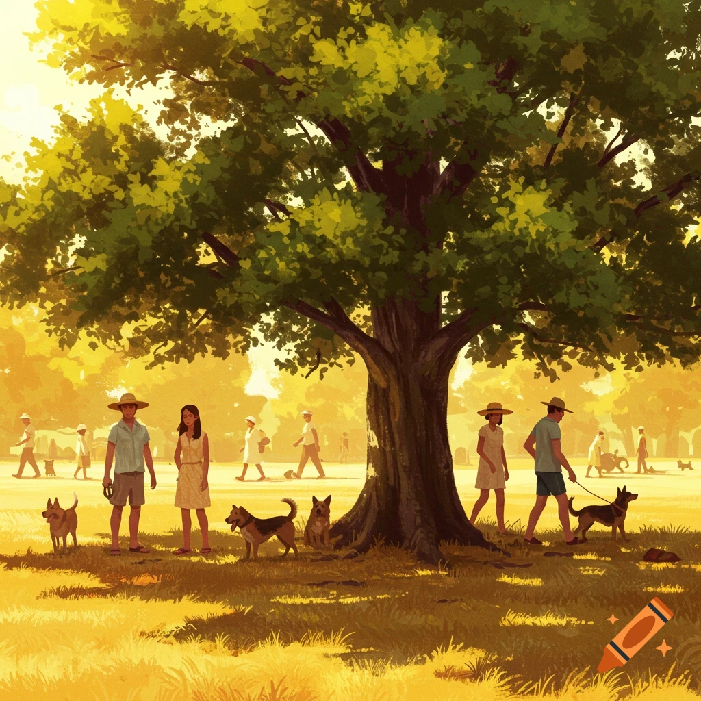 A stylized painting of a park scene with people and dogs under a large tree on a bright, sunny day.