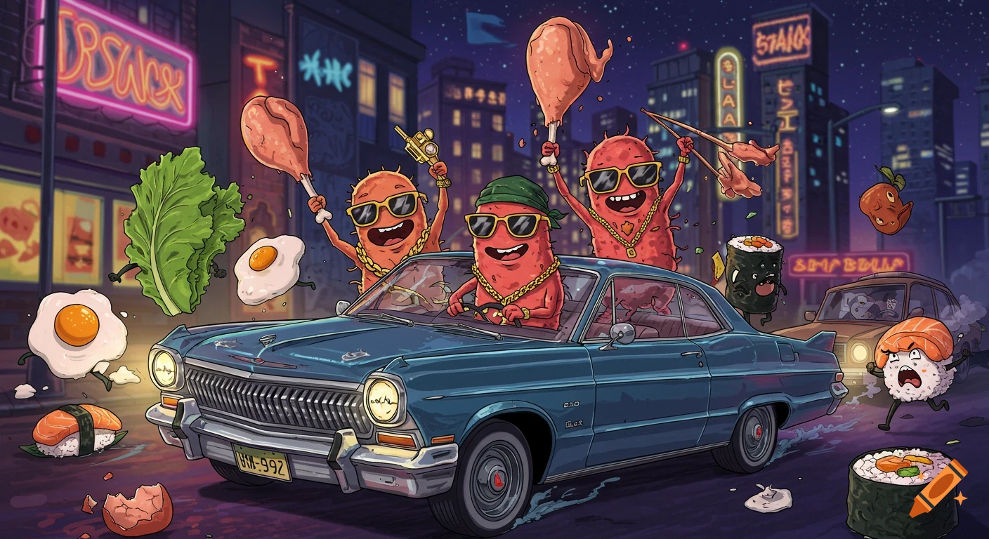 Cartoon illustration of three anthropomorphic Salmonella bacteria in sunglasses and gold chains driving a blue lowrider car at night, tossing chicken drumsticks. Panicked food items like sushi, eggs, and lettuce fly around a neon-lit city street.