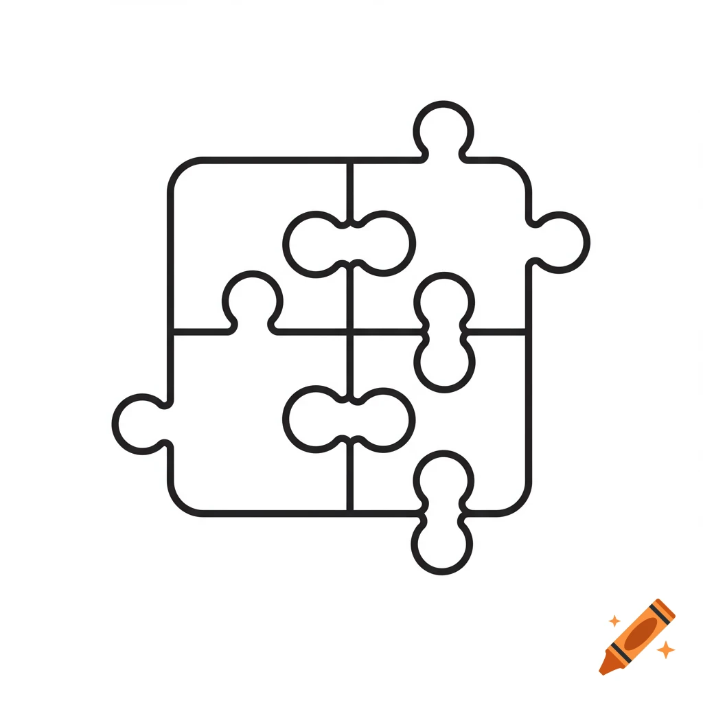 A minimalist black outline vector illustration of four interlocking puzzle pieces forming a square.