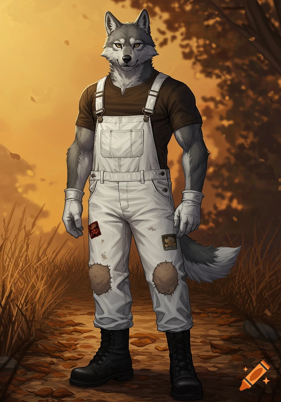 A tall anthropomorphic wolf wearing white overalls, a brown shirt, and black boots stands on a path with autumn leaves.