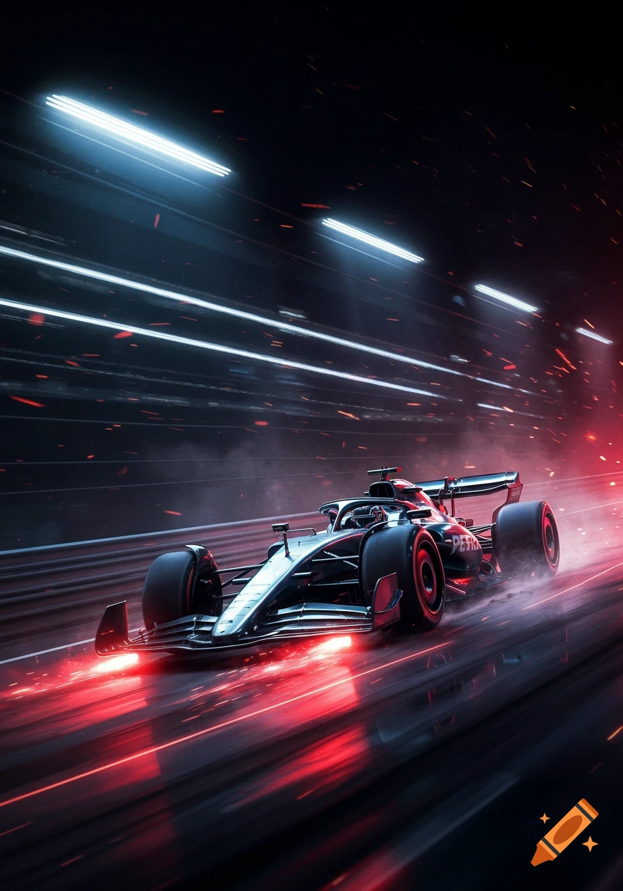 A sleek, dark F1 race car speeds through a neon-lit, blurred tunnel, streaks of red and white light emphasizing motion.