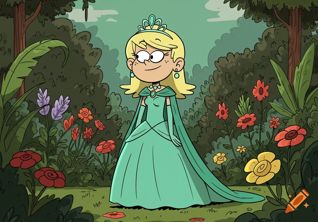 Princess Leni Loud from The Loud House stands in an enchanted garden, wearing a seafoam green ball gown and tiara in 2D cartoon style.