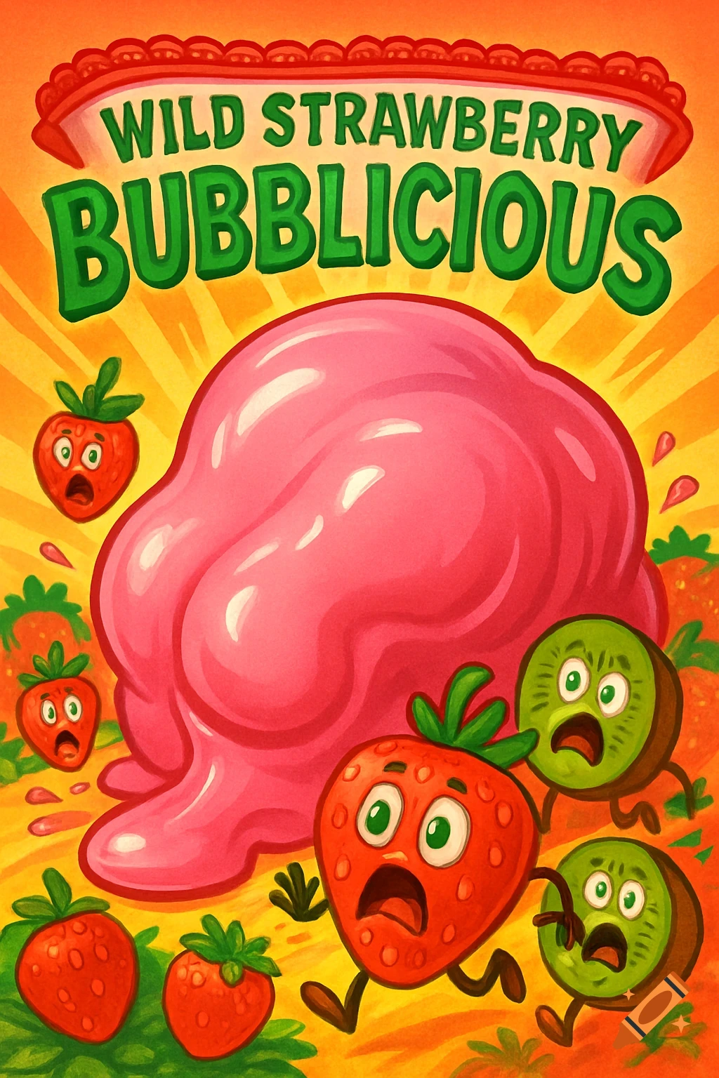 A fun, cartoon poster inspired by 'The Blob,' featuring a giant pink wad of 'Wild Strawberry Bubblicious' gum chasing scared strawberries and kiwis on a yellow and green background.