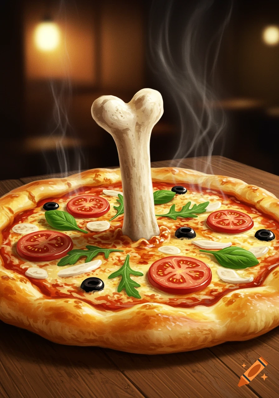A steaming pizza topped with tomatoes, olives, arugula, and cheese, with a large bone sticking vertically out of the center.