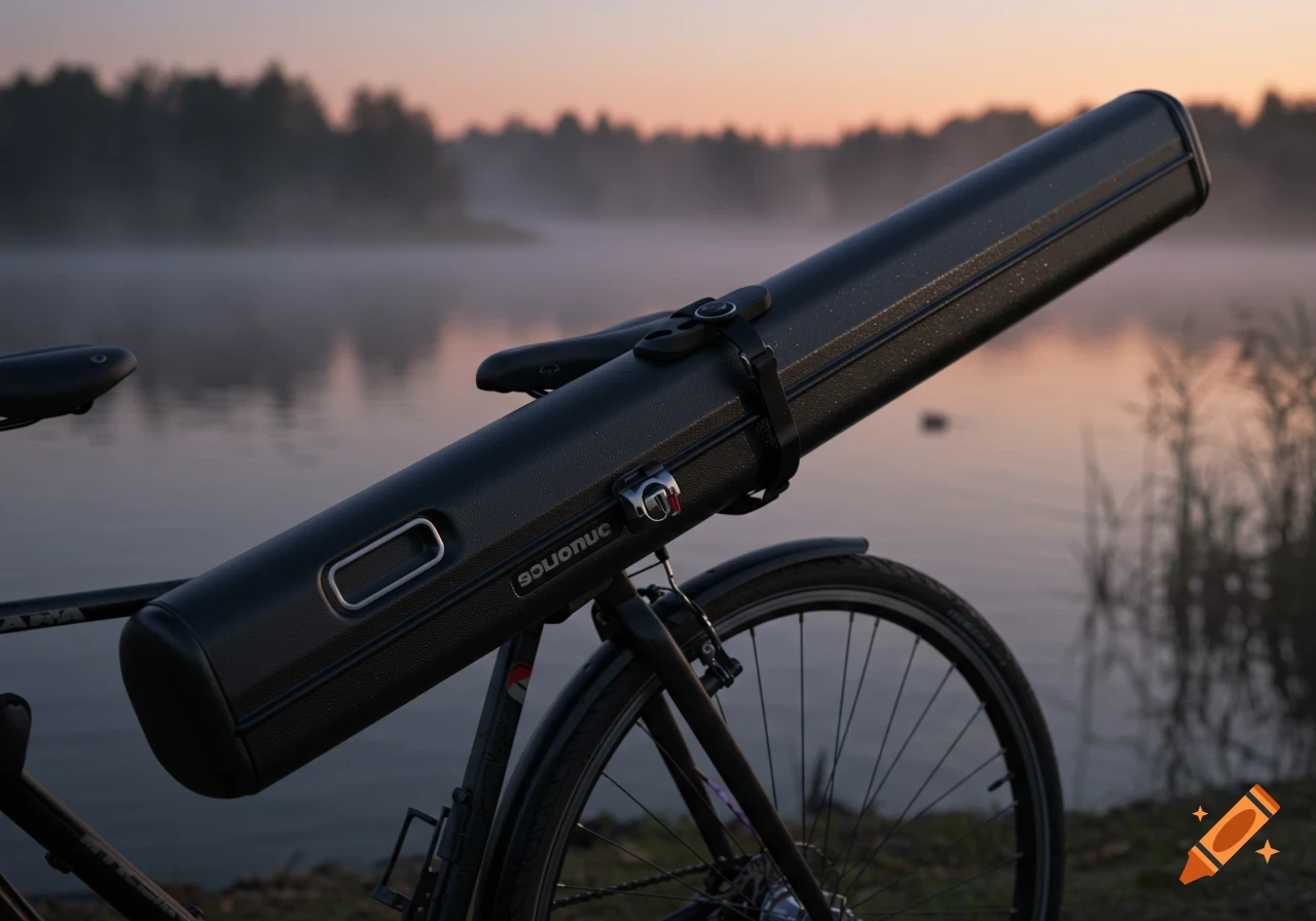 A black fishing rod case is strapped to the back of a bicycle, positioned by a misty lake at sunrise or sunset in a photorealistic style.