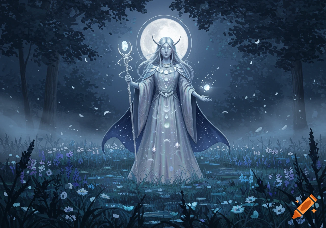 A serene elf-like priestess with horns, holding a glowing staff, stands in a mystical, moonlit forest clearing with wildflowers.