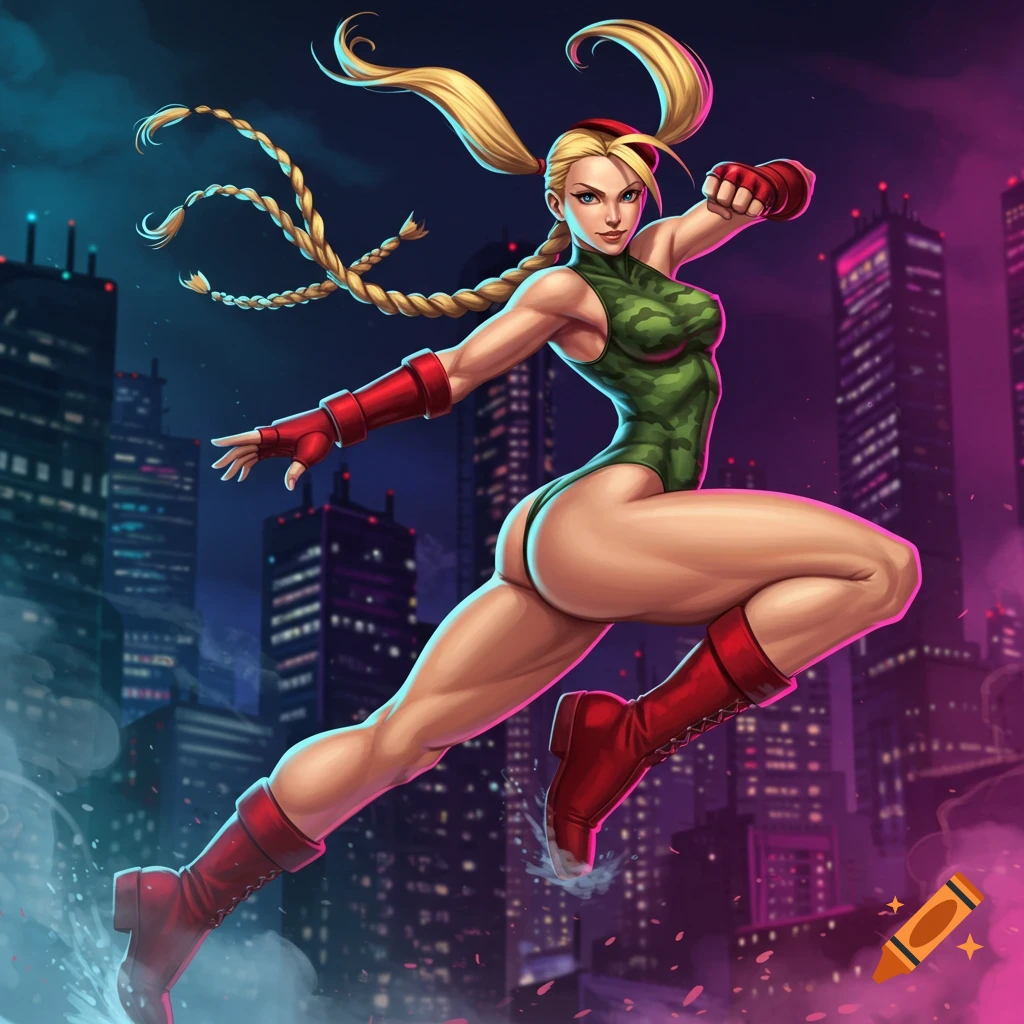 Dynamic illustration of Cammy, a blonde fighter in a green leotard, red boots, leaping against a neon city skyline at night.