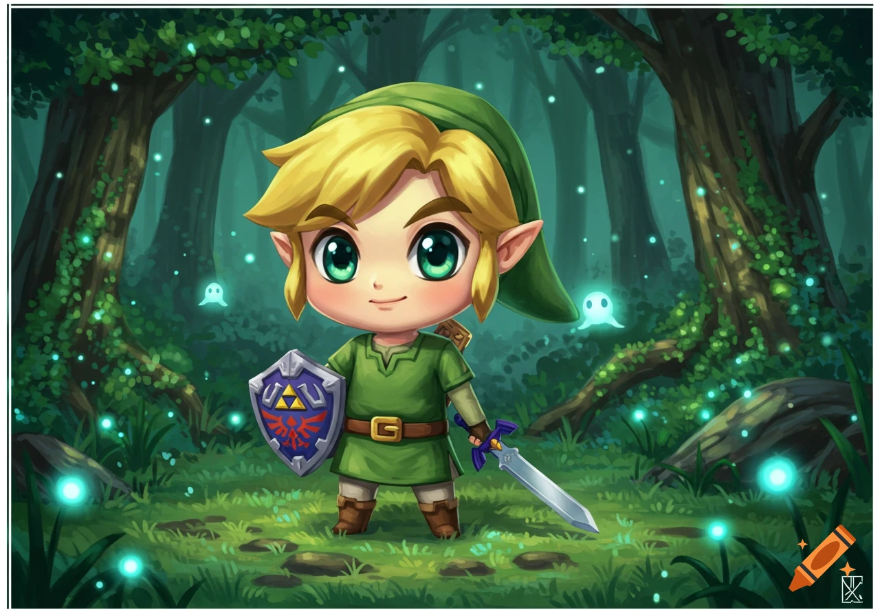 Chibi Link stands in a magical forest at night, holding a sword and Hylian shield, surrounded by glowing particles.