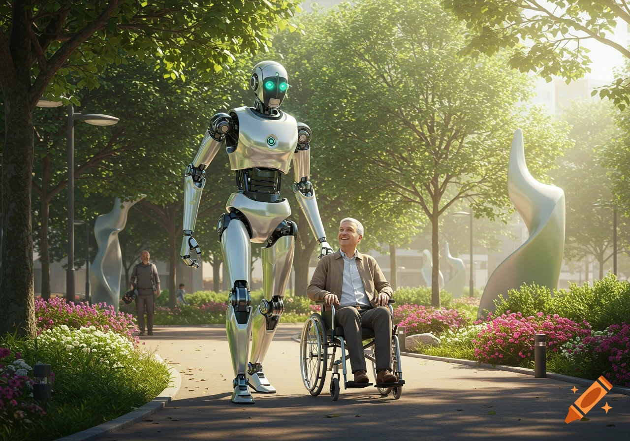A tall, silver robot walks alongside an elderly man in a wheelchair on a sunny park path lined with trees and flowers. Photorealistic style.